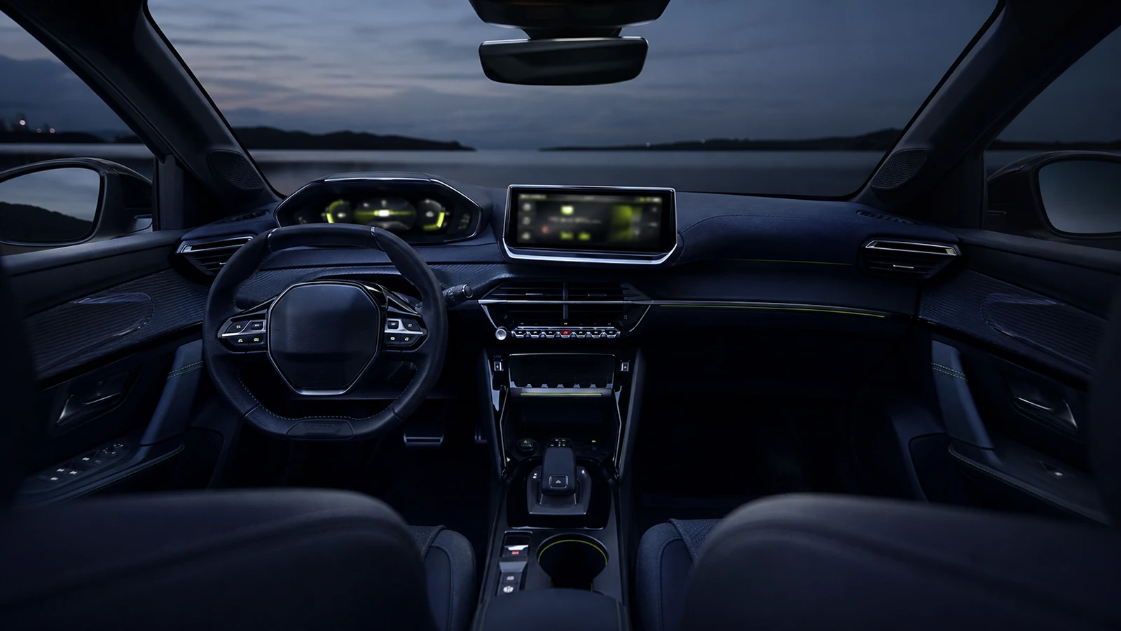 A driver-focused cockpit uses a small steering wheel and raised display plane.