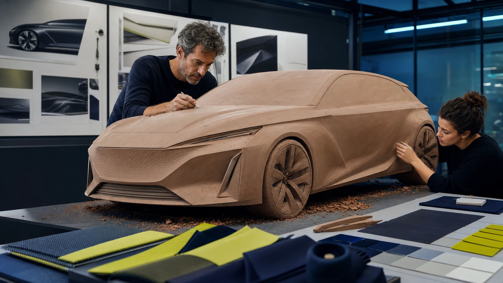 Designers refine an athletic French clay model.