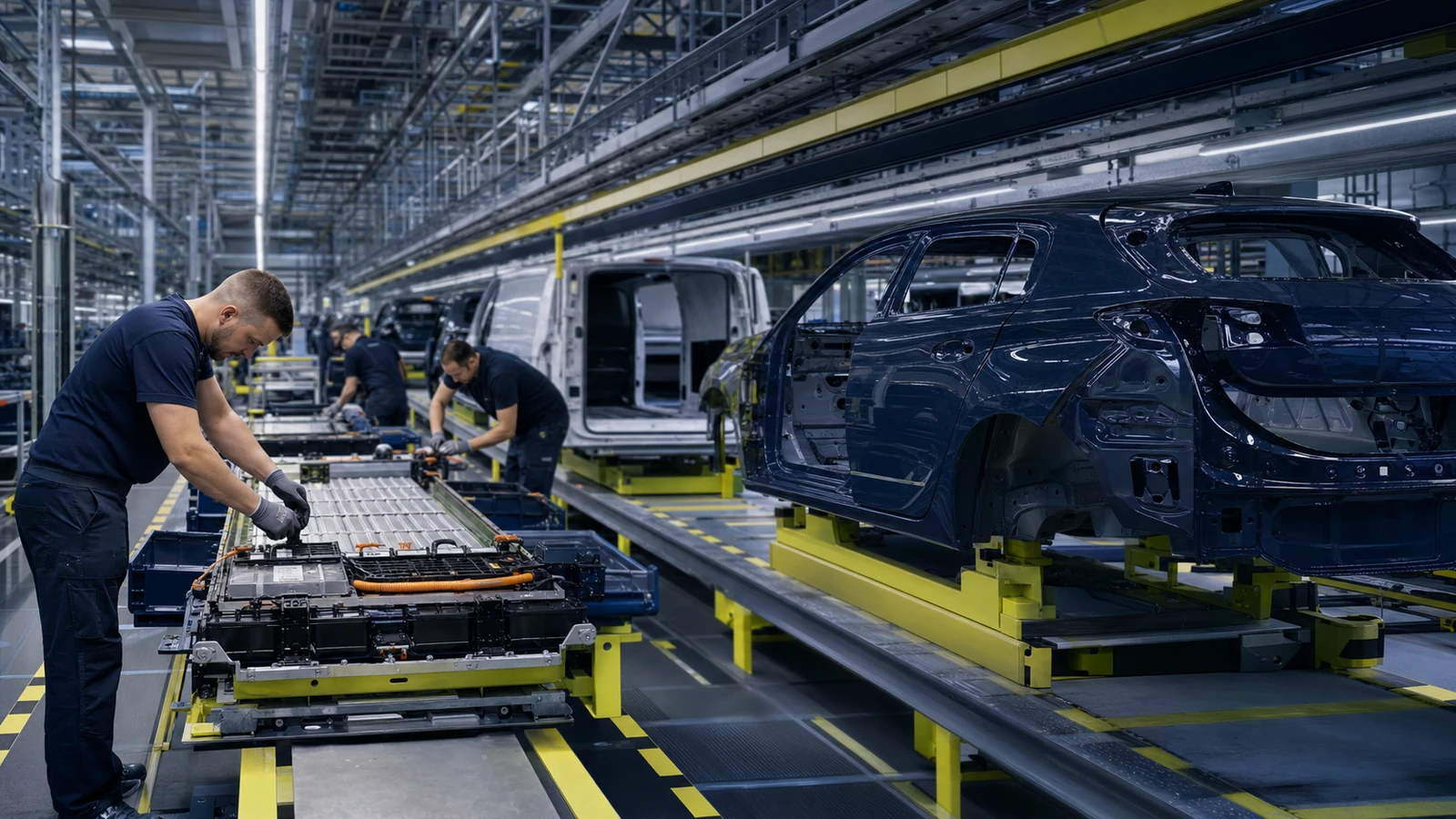 Electric cars and vans move through a flexible assembly line.
