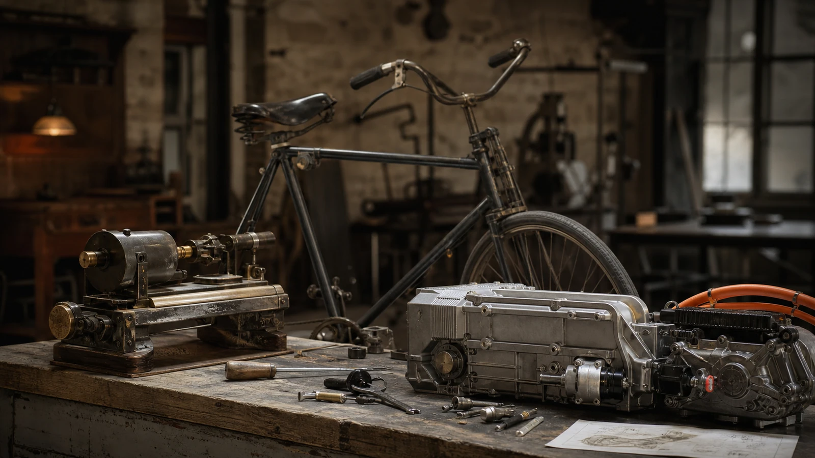 A precision tool, bicycle, and electric drivetrain share one heritage workshop.