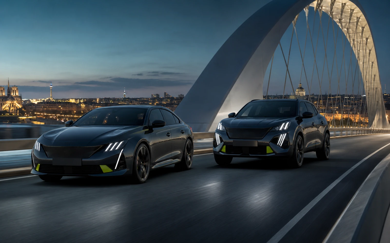A French electric fastback and compact SUV cross a modern bridge at blue hour.