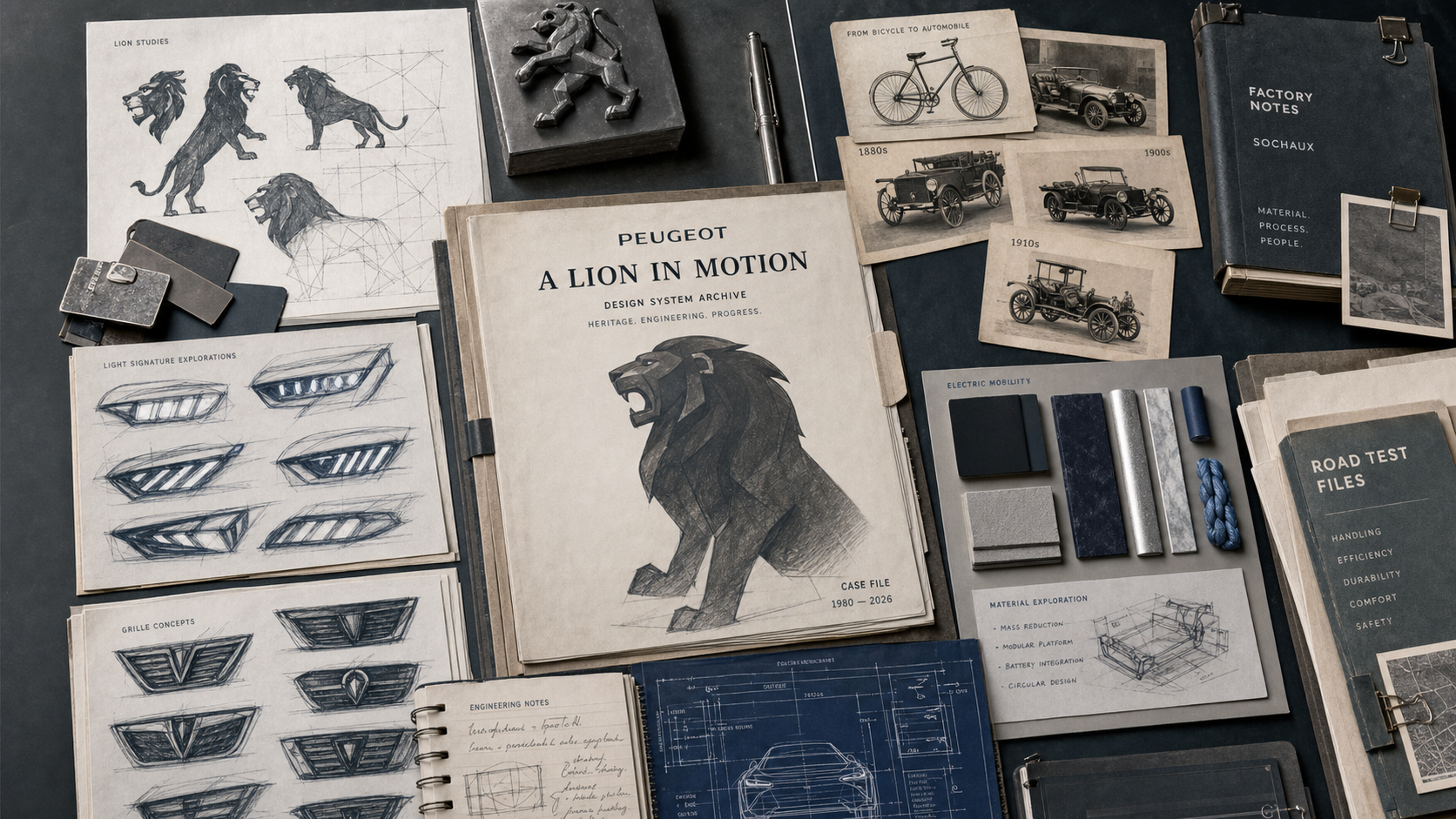 Premium editorial archive still-life of a Peugeot lion mobility case with lion silhouette studies, grille and headlamp sketches, bicycle-to-car heritage cards, factory notes, electric mobility swatches, and road-test file markers
