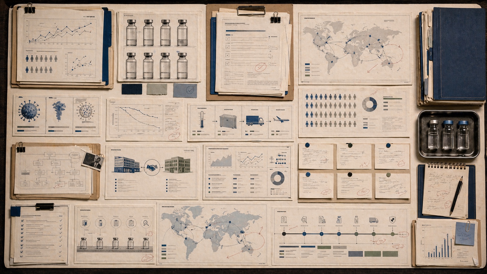 Premium editorial archive still-life of vaccine trial data sheets, regulatory folders, generic vial silhouettes, cold-chain diagrams, partnership maps, public-trust polling cards, and safety-monitoring dashboards