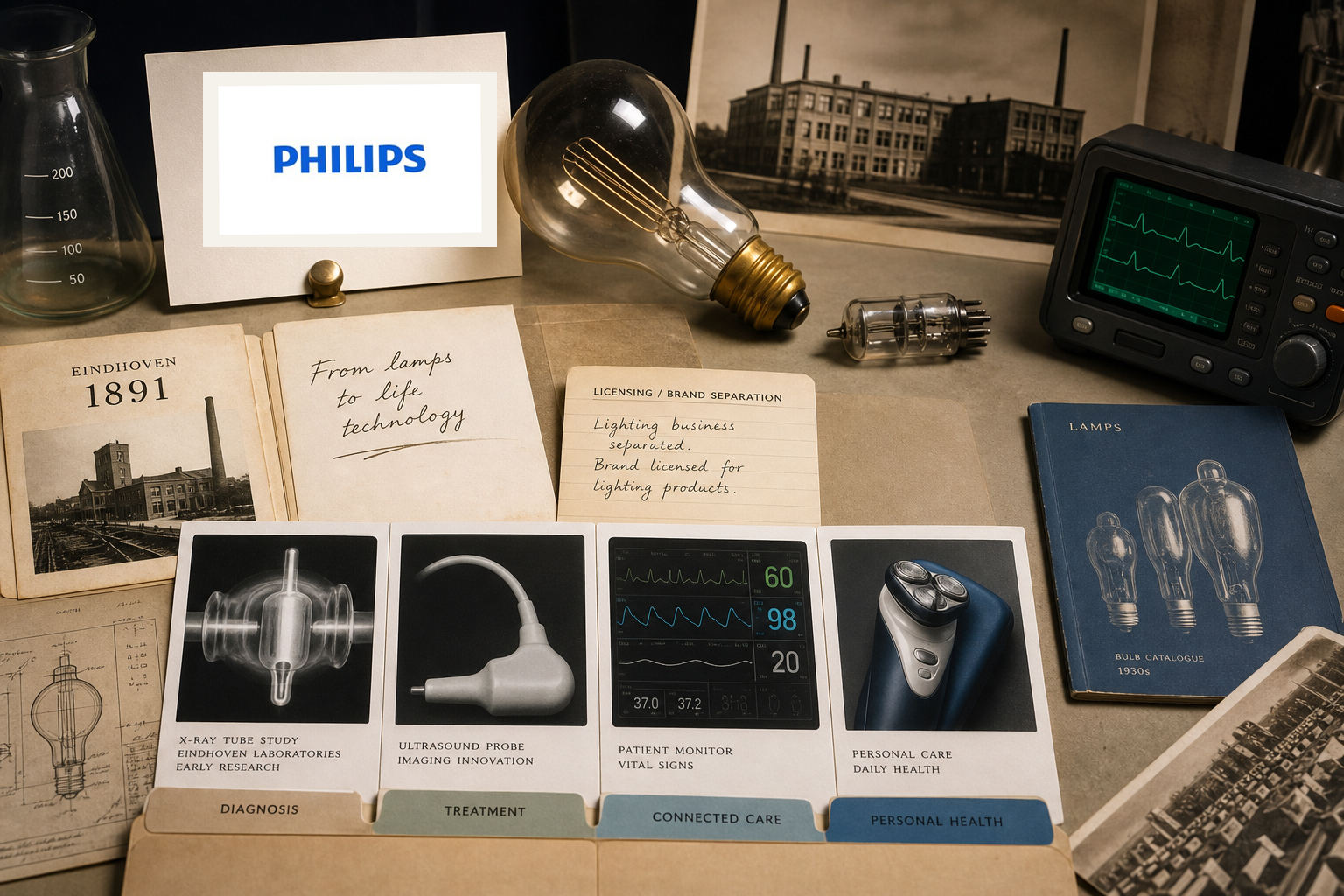 Premium editorial archive still-life of a Philips health technology pivot case with Philips source-mark card, Eindhoven 1891 origin file, incandescent bulb, X-ray tube study card, ultrasound probe, patient monitor waveform, personal-care device, and lighting brand licensing ledger