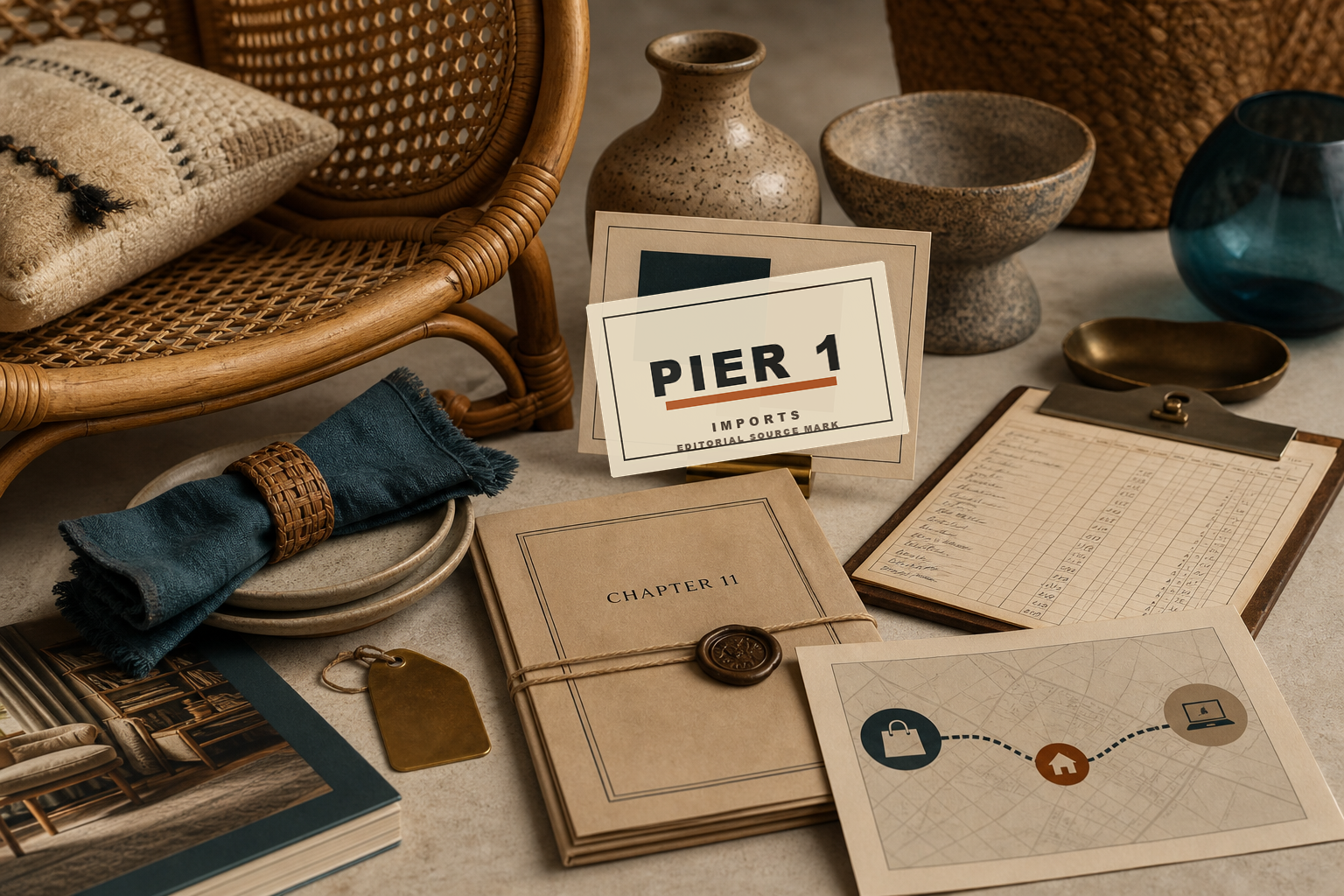Premium editorial archive still-life of a Pier 1 Imports failed-store case with source card, rattan chair cue, San Mateo 1962 origin file, Chapter 11 folder, treasure-hunt decor path card, store-to-online route map, going-out-of-business sale folder, IP and ecommerce sale file, and online remnant card