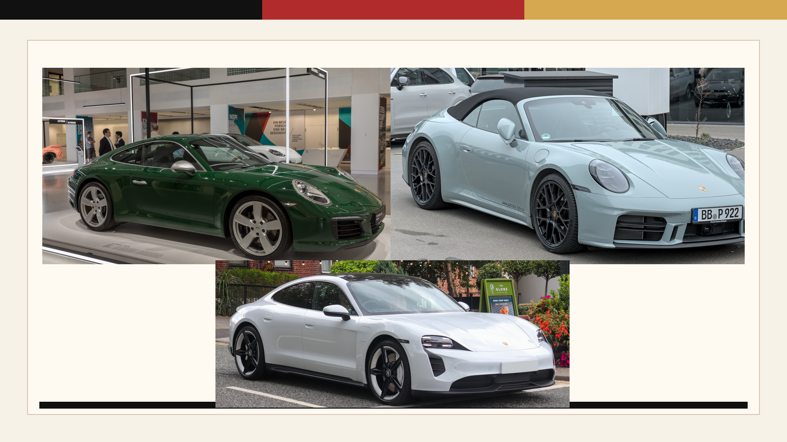 Porsche classic 911, modern 911, and Taycan recognition proof visual.