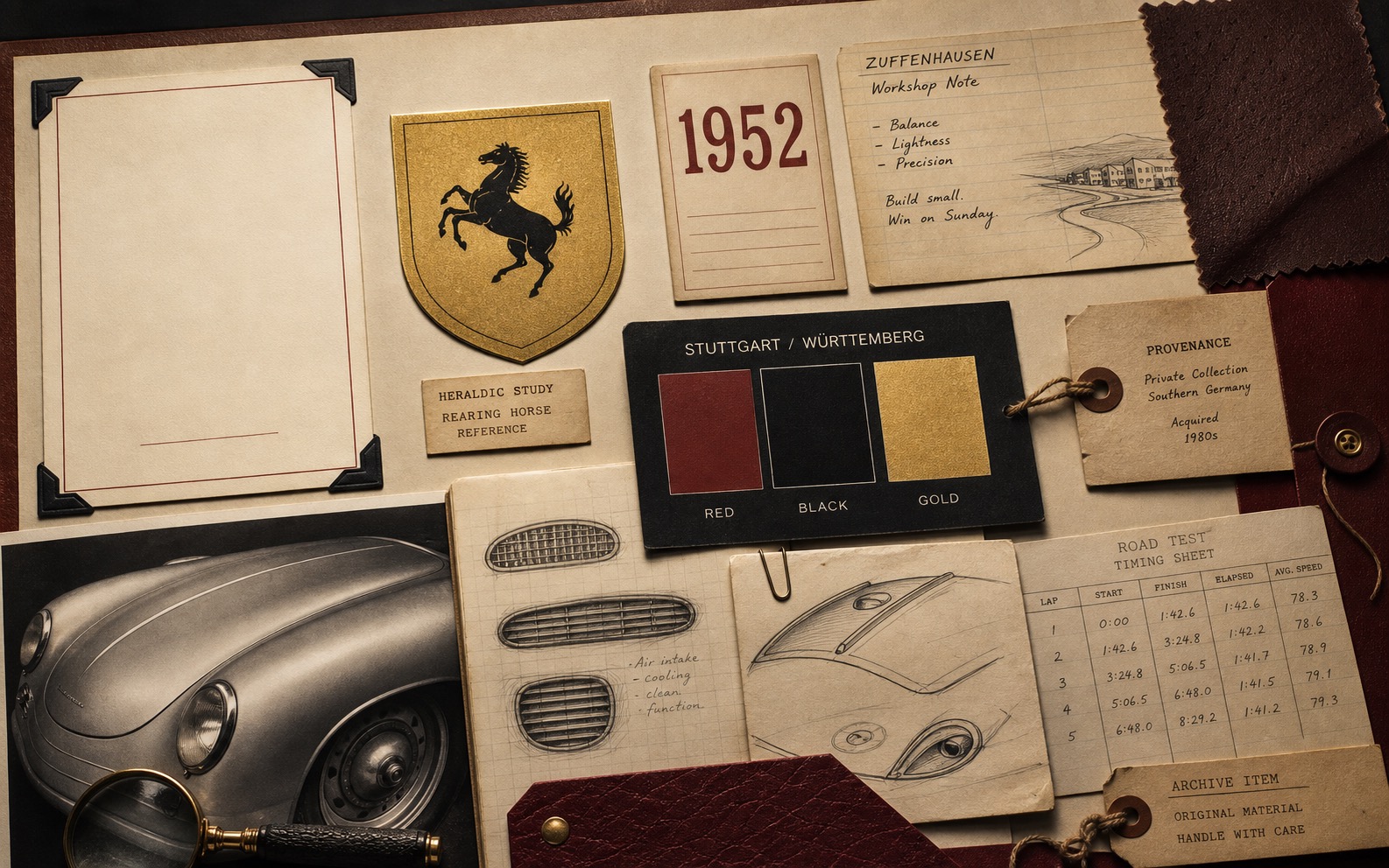 Premium editorial archive still-life of a Porsche crest sports-car proof case with heraldic shield study, 1952 card, Zuffenhausen workshop note, Stuttgart and Wurttemberg color swatches, sports-car hood study, and road-test sheet