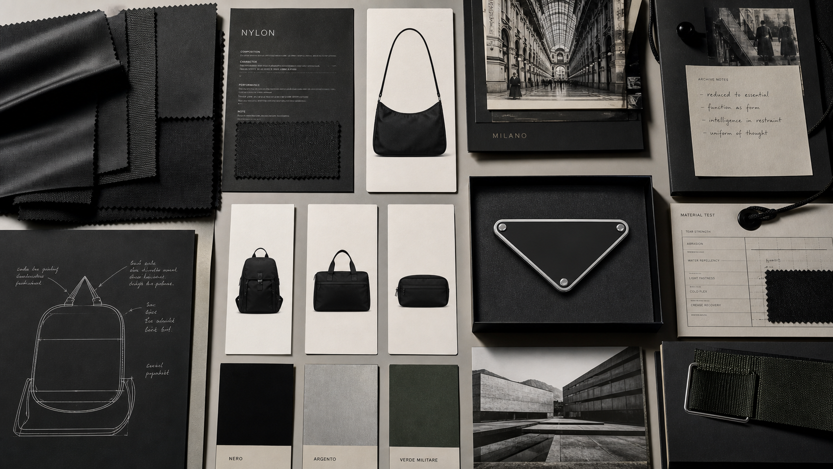 Premium editorial archive still-life of a Prada nylon luxury case with black nylon fabric samples, minimalist product cards, Milan architecture file, material test sheets, triangular abstract plaque, palette swatches, and archive notes