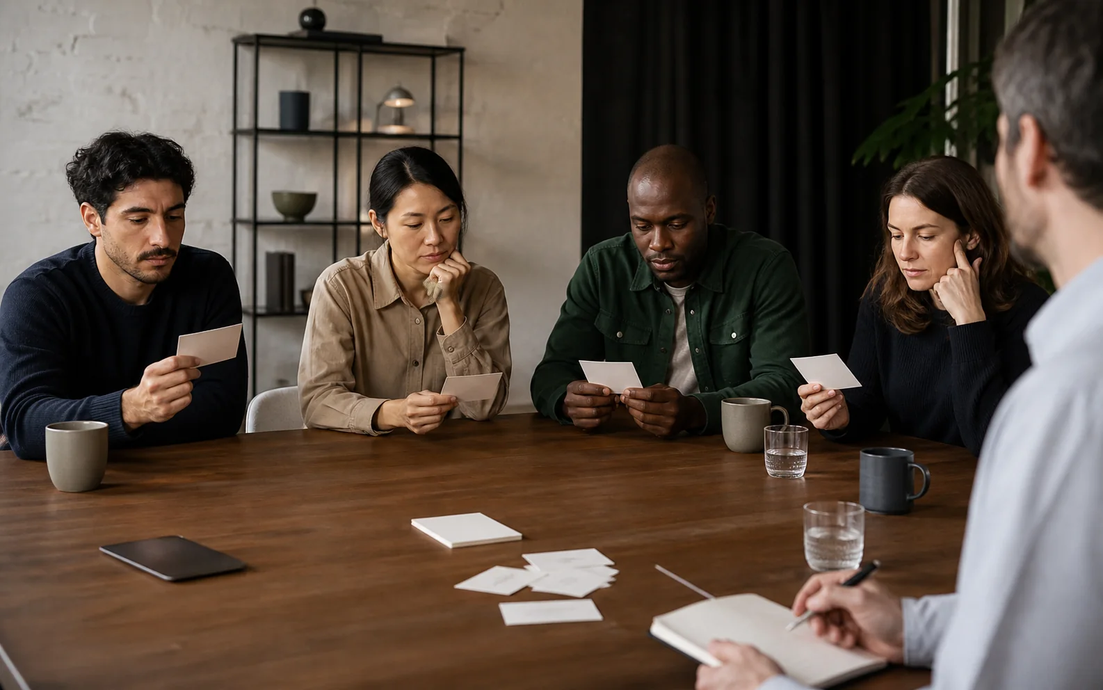 Four buyers independently reading blank candidate cards during a moderated brand-name test.