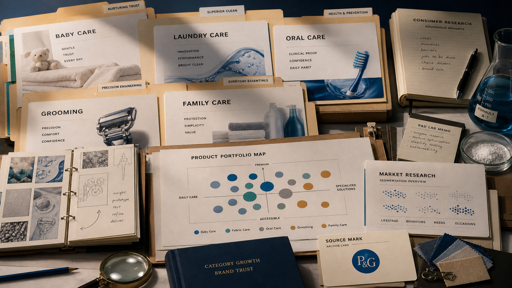 Premium editorial archive still-life for the Procter & Gamble case with baby care, laundry care, oral care, grooming, family care, consumer research, product portfolio, and source-mark files