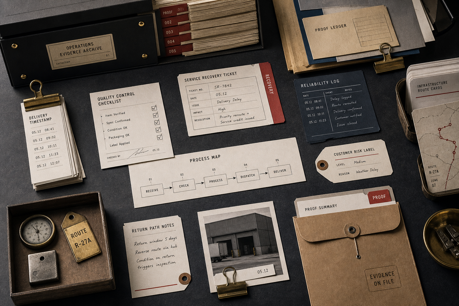 Archive table for branding as operating proof with delivery timestamps, quality-control cards, service recovery tickets, process maps, route files, reliability logs, and proof ledgers.