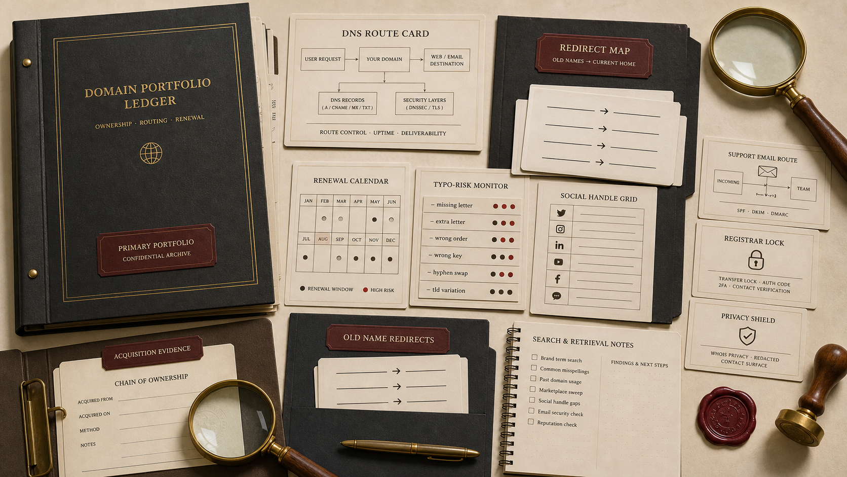 Archive table for domain route protection with generic domain portfolio ledger, DNS route cards, redirect map, renewal calendar, typo-risk strips, handle grid, support route card, and retrieval notes.