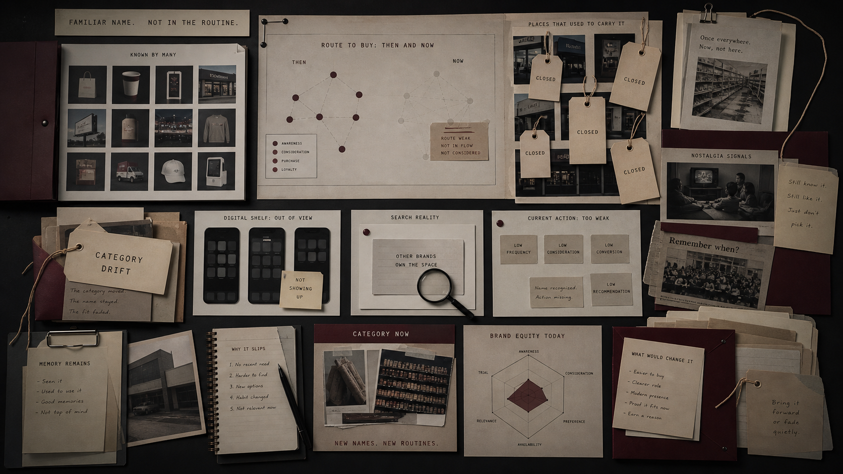 Archive table for fame without choice with generic legacy brand cards, faded route maps, habit-change notes, search-memory files, liquidation clippings, and replacement behavior strips.