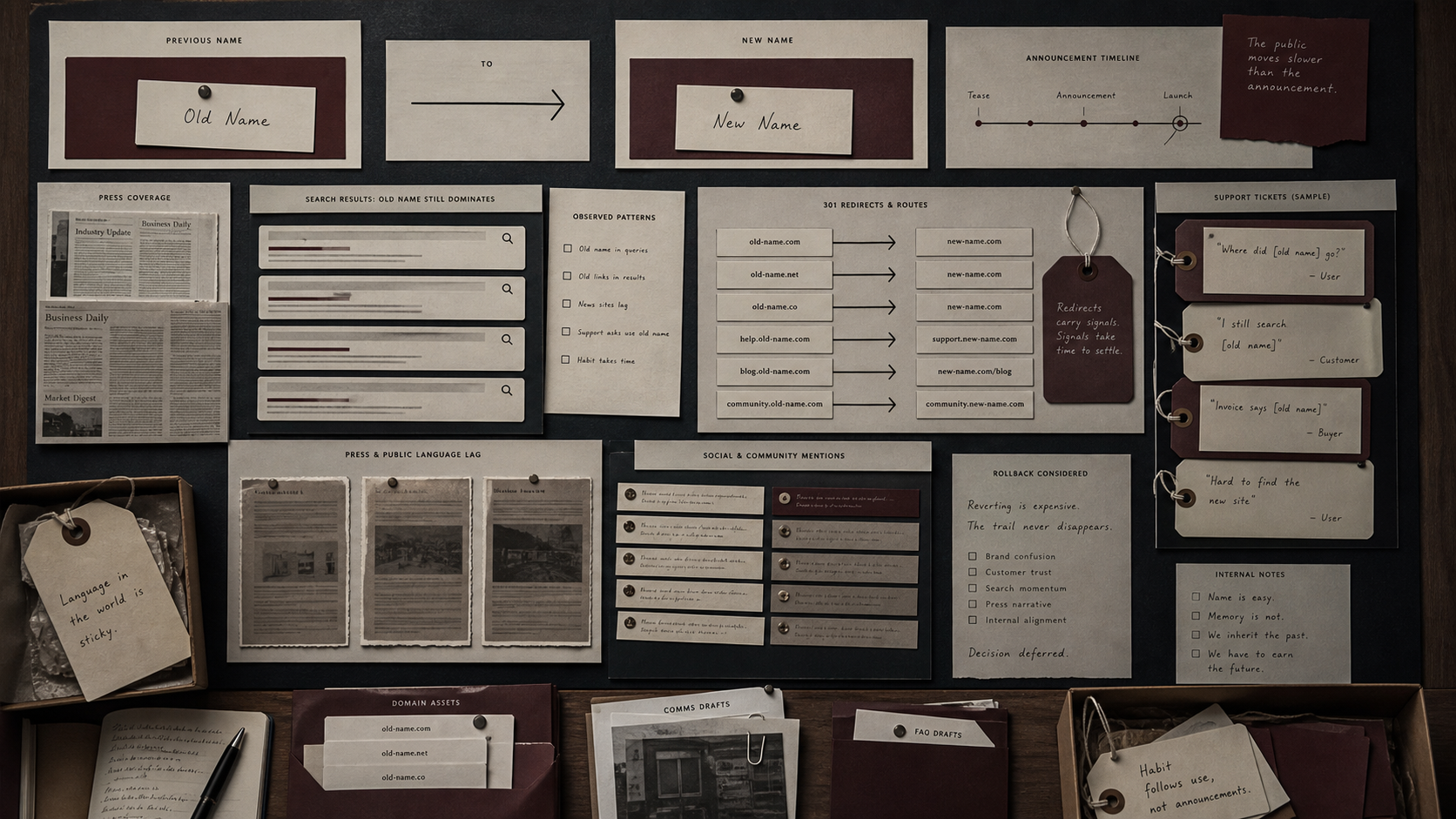 Archive table for name-change search memory risk with generic old-name cards, new-name cards, redirect arrows, search strips, domain route files, support tags, press clippings, and rollback notes.