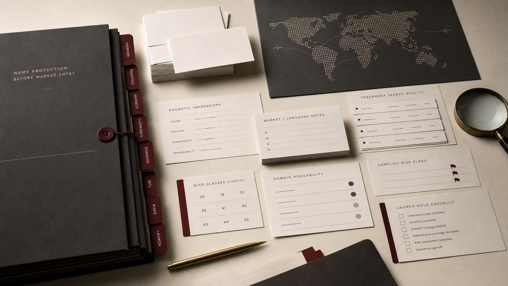 Archive table for name protection before market entry with generic naming cards, phonetic slips, trademark search rows, class cards, domain notes, international filing dots, and conflict flags.