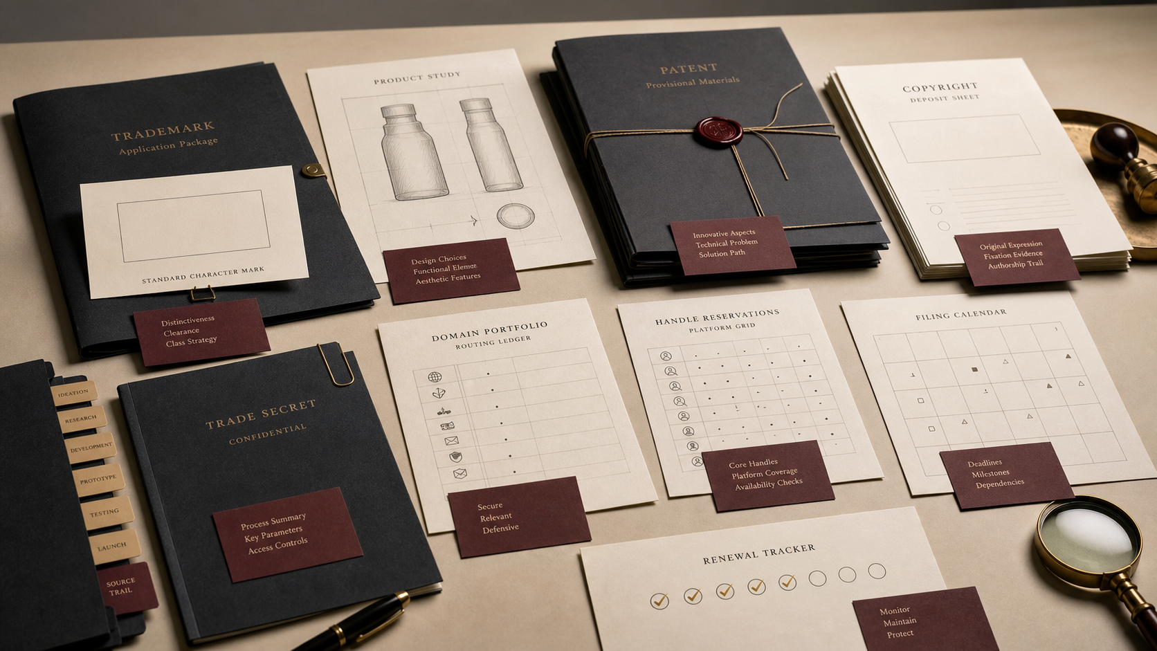 Archive table for protected asset stack proof with generic mark cards, patent folders, copyright deposit sheets, trade secret files, domain ledgers, handle grids, renewal notes, and source-route tabs.