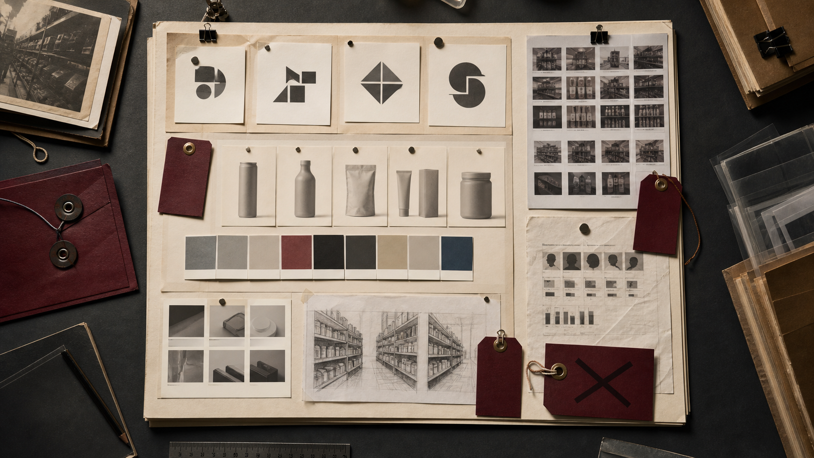 Archive table for recognition asset removal with generic cue cards, package silhouettes, color swatches, shelf tests, rollback notes, and public-memory files.