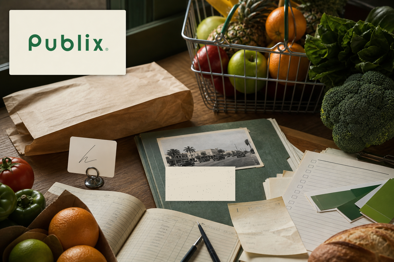 Premium editorial archive still-life of a Publix grocery service case with Publix source-mark card, produce basket, plain bakery bag, employee-owner ledger, Winter Haven origin folder, service card, checklist, receipt dummy, and green color swatches