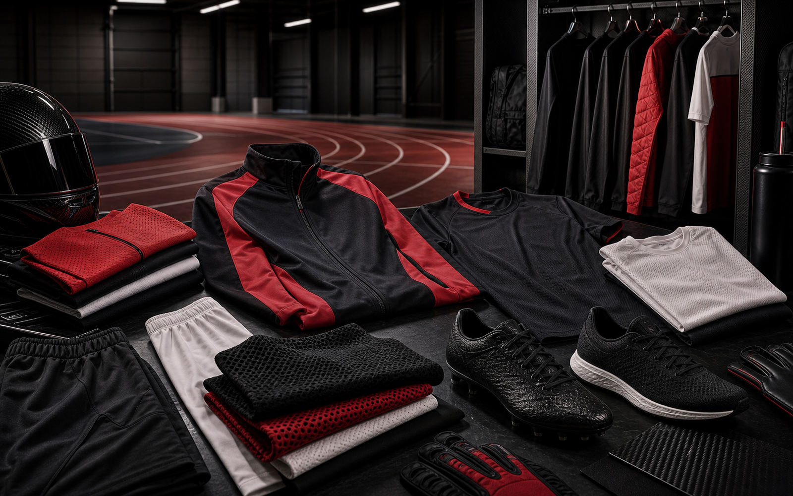 Photorealistic sports-performance development table with unbranded football boots, running spike materials, red-black-white fabric swatches, track photo, calipers, stopwatch, and blank product notes.