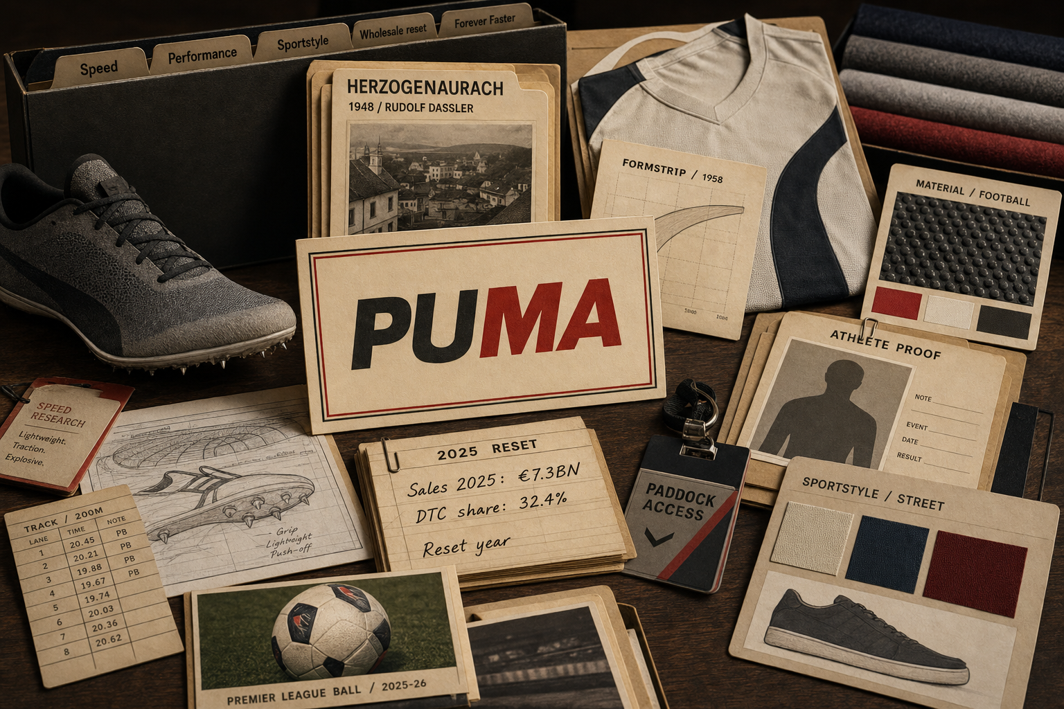 Premium editorial archive still-life of a Puma speed-code sportswear system with source card, running spike, football material card, Formstrip analysis file, Herzogenaurach origin folder, athlete proof file, motorsport pass, streetwear swatches, Premier League ball note, and 2025 reset ledger