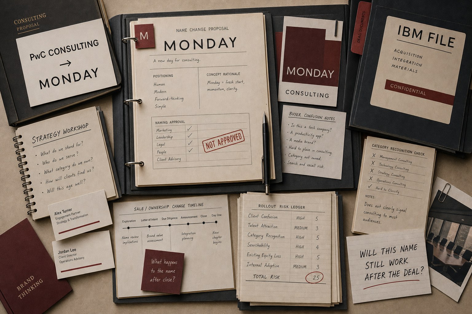Premium editorial archive still-life of a PwC Consulting Monday naming case with source-mark card, consulting proposal binder, business cards, IBM file, buyer confusion notes, name approval sheet, category checklist, and acquisition timeline