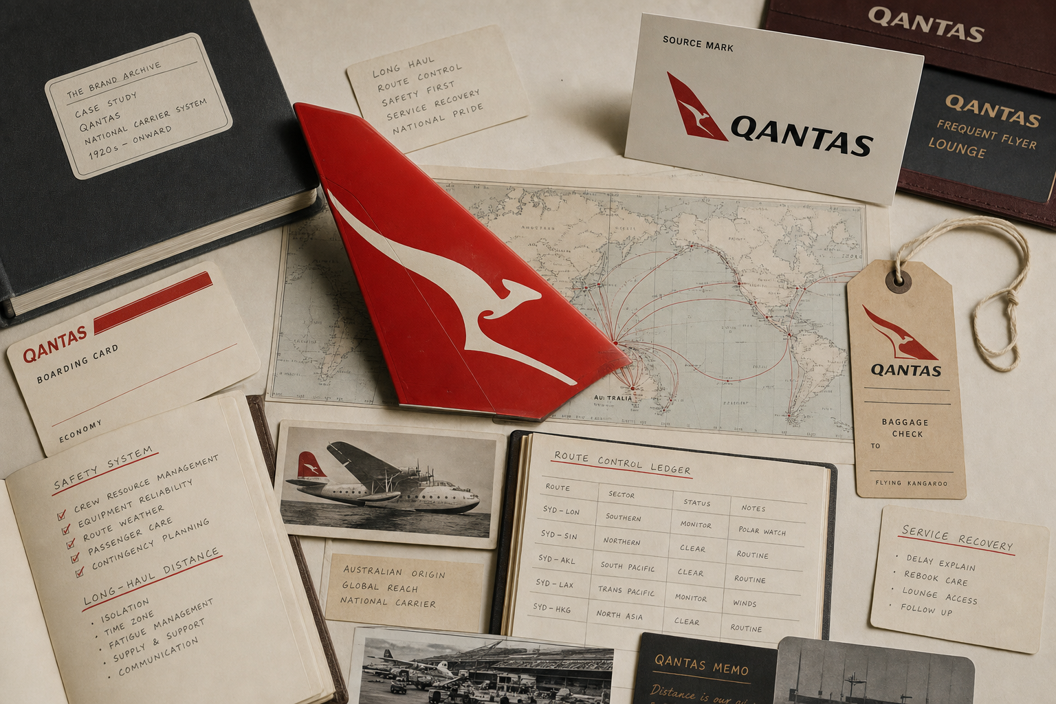 Premium editorial archive still-life of a Qantas Flying Kangaroo national carrier case with Qantas source-mark card, red aircraft tail study, Australia route map, boarding pass card without passenger data, safety checklist, frequent flyer card, lounge tag, and long-haul distance notes