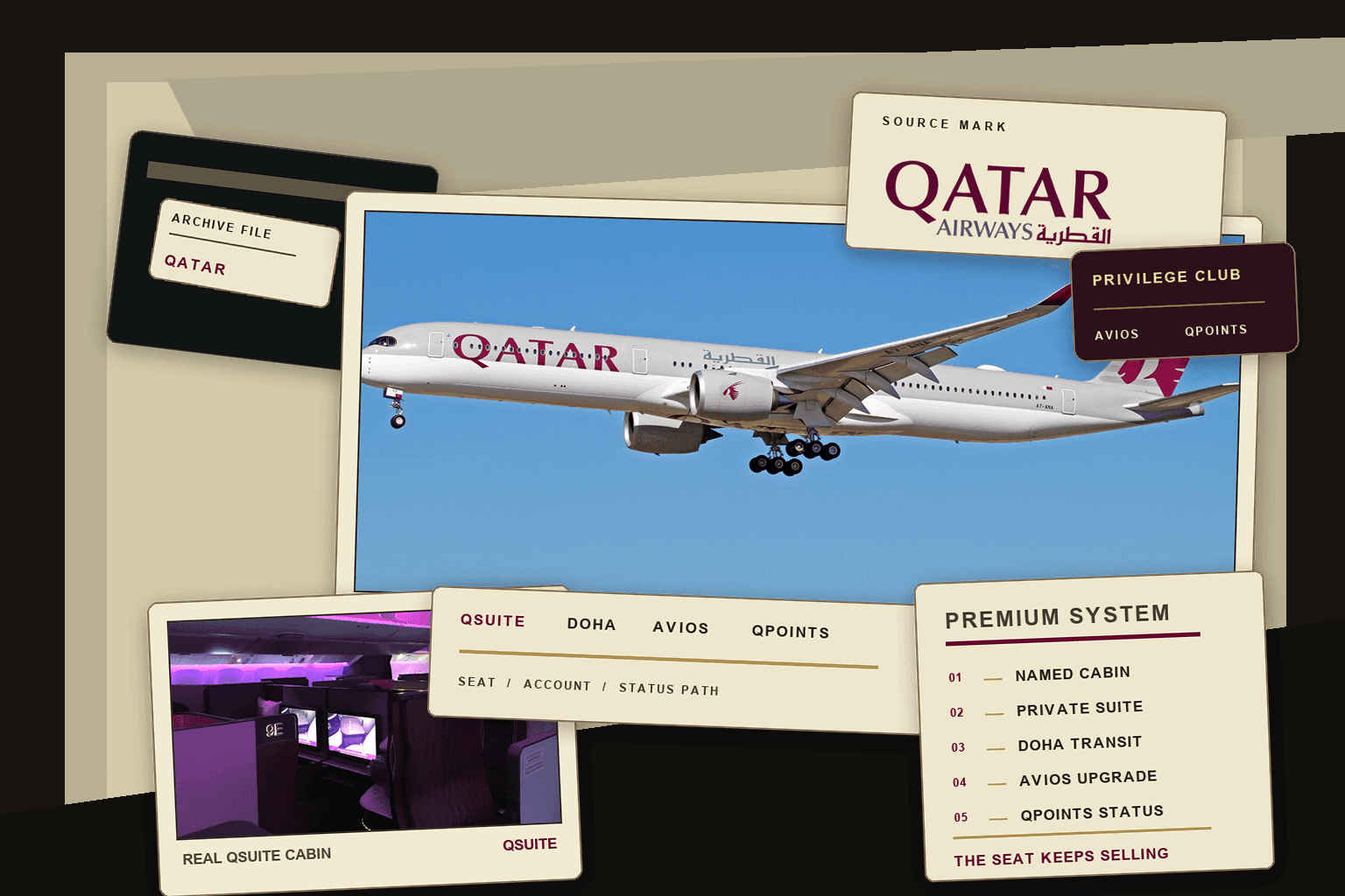 Premium editorial archive still-life for the Qatar Airways case, built around a real Qatar Airways Airbus A350-1000 photograph, real Qatar Airways logo marks, a real Qsuite cabin photograph, and a restrained Privilege Club account card
