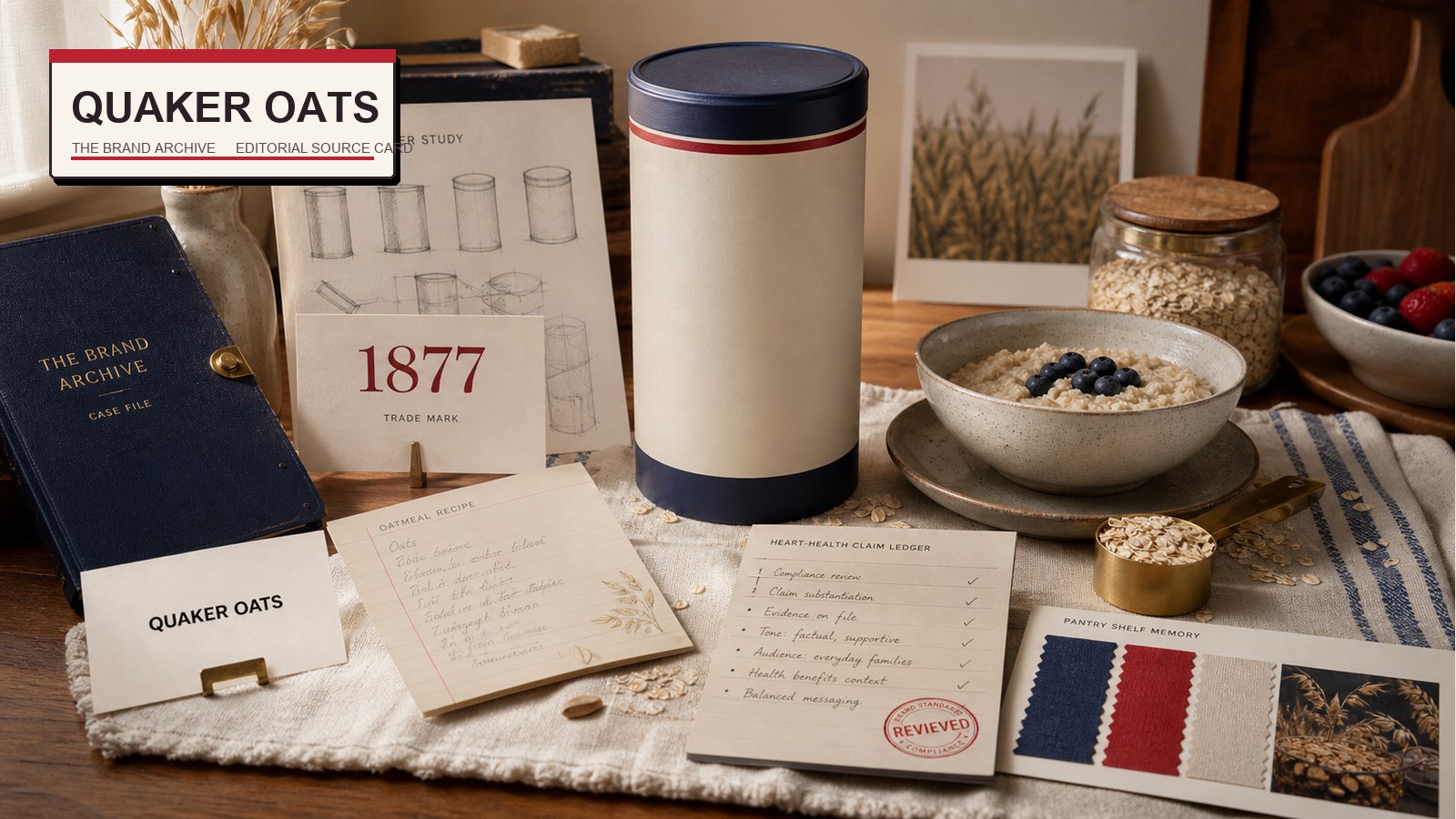 Premium editorial archive still-life of a Quaker Oats breakfast trust symbol case with Quaker Oats source-mark card, plain oats canister, oat grains, scoop, breakfast bowl, recipe card, 1877 trademark card, compliance notes, and pantry swatches
