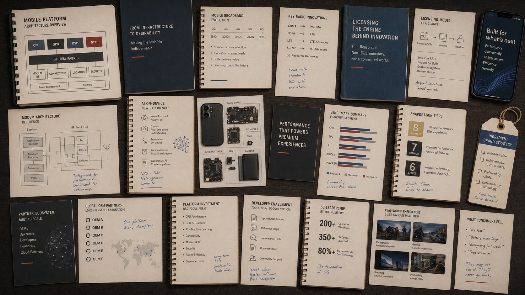 Premium editorial archive still-life of a Qualcomm and Snapdragon ingredient-brand case with chipset diagrams, standards notes, OEM boards, benchmark sheets, and premium-tier positioning documents