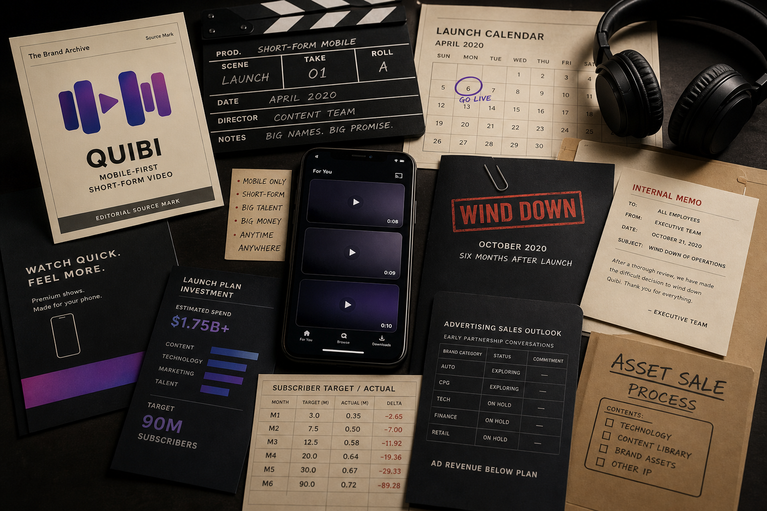Premium editorial archive still-life of a Quibi failed-brand case with smartphone video cards, launch calendar, production slate, subscriber target ledger, ad-sales outlook, wind-down folder, and asset-sale process file