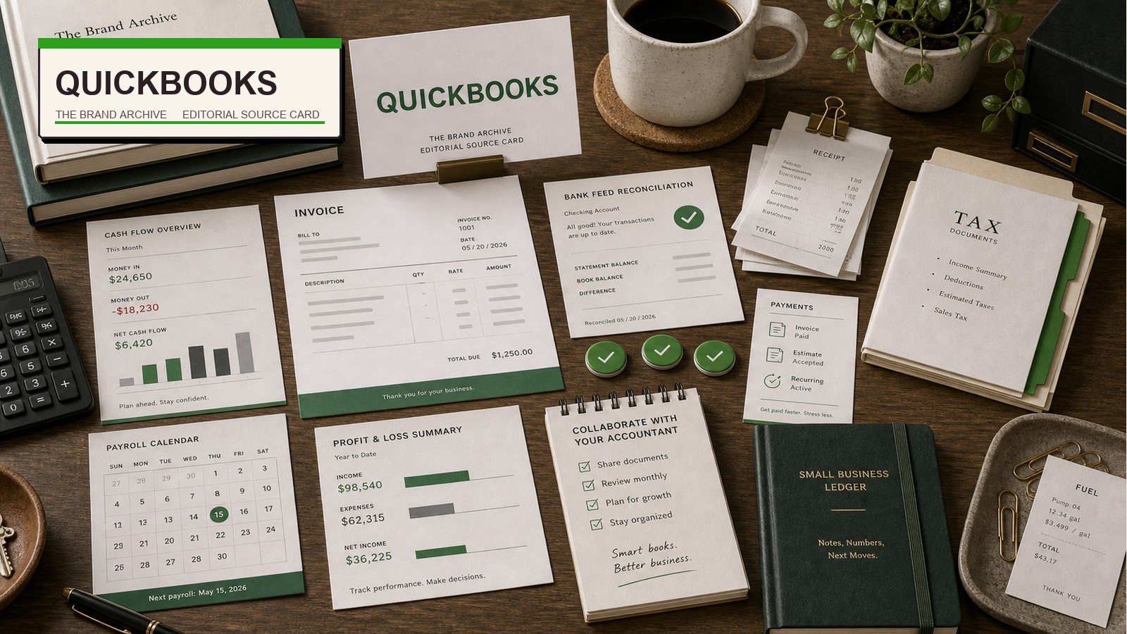 Premium editorial archive still-life of a QuickBooks small-business accounting system case with QuickBooks source-mark card, abstract invoices, cash-flow cards, receipts, payroll calendar, tax folder, bank reconciliation cards, payments card, accountant note, ledger notebook, and green checkmark tokens