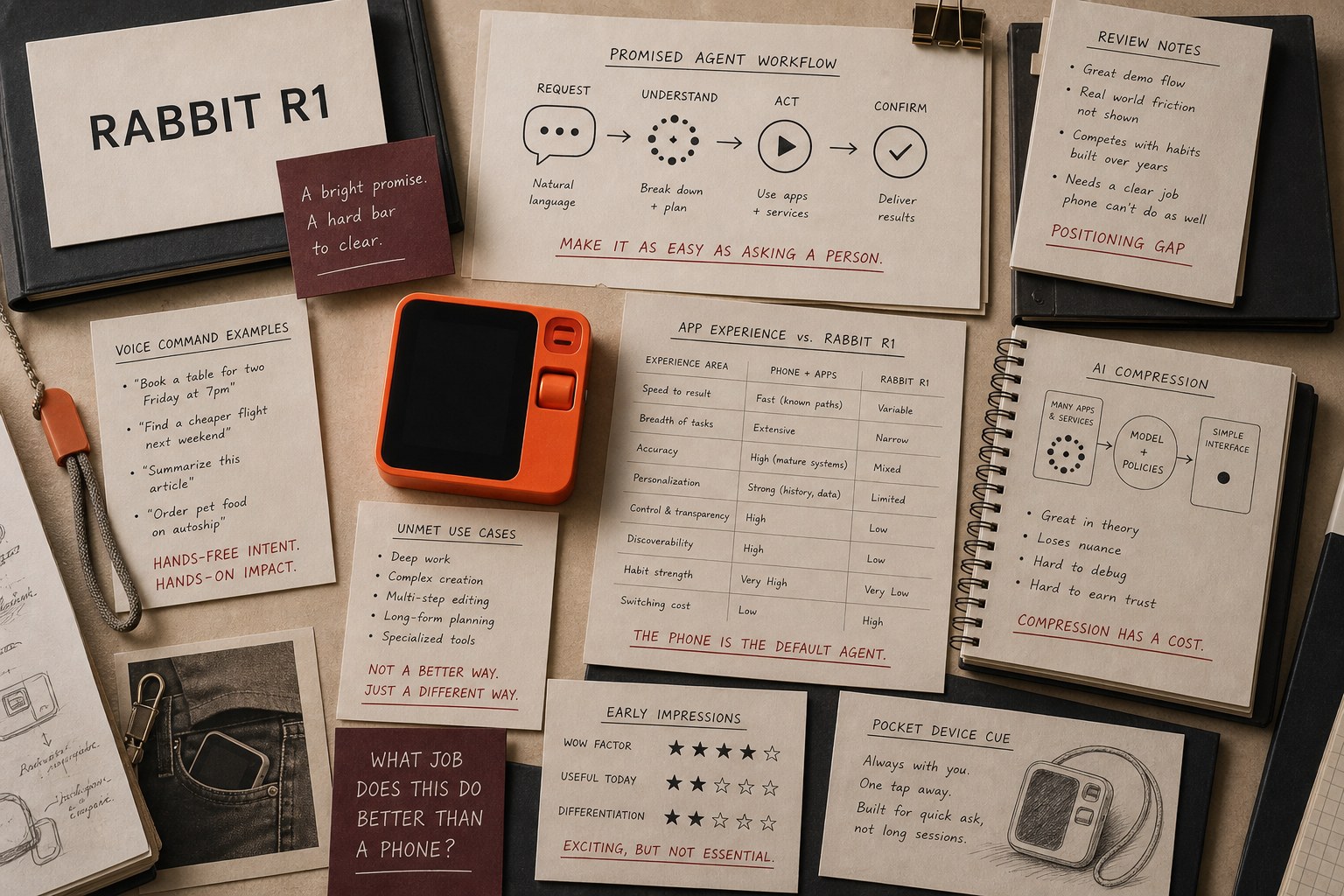 Premium editorial archive still-life of a Rabbit R1 AI device positioning case with source-mark card, orange handheld device silhouette, phone app comparison cards, voice command cards, promised agent workflow board, review notes, app-versus-device ledger, and use-case question card