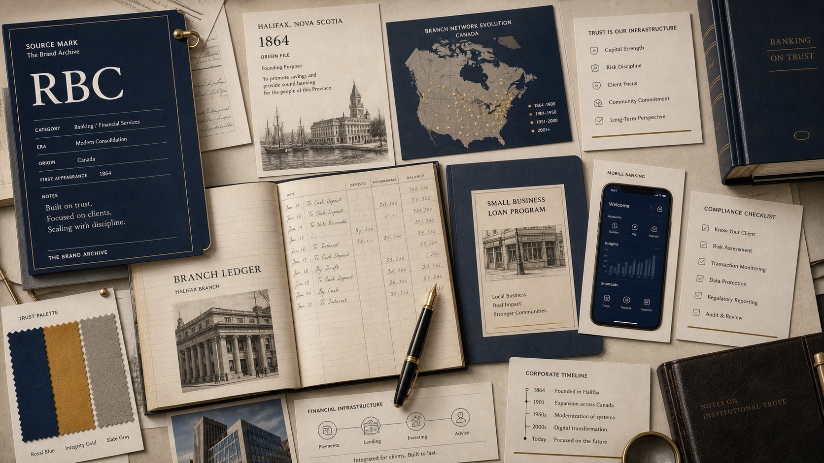 Premium editorial archive still-life of an RBC banking trust case with source-mark card, branch ledger, Halifax 1864 origin file, blue and gold trust swatches, small business loan folder, mobile banking card, compliance checklist, and Canada network map