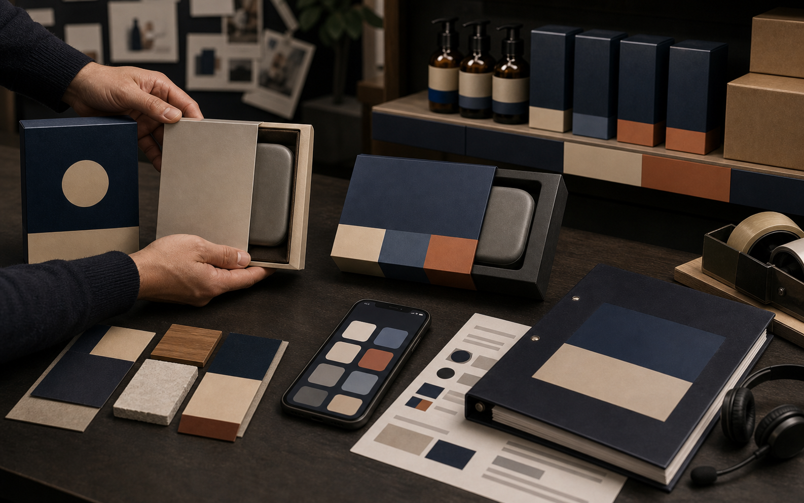 Original rebranding examples rollout-room visual showing old and new package cues across shelf, app, support, and binder surfaces.