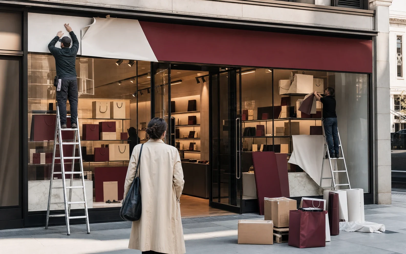 Retail storefront being changed from a familiar burgundy system to an unfamiliar pale system while a customer observes.