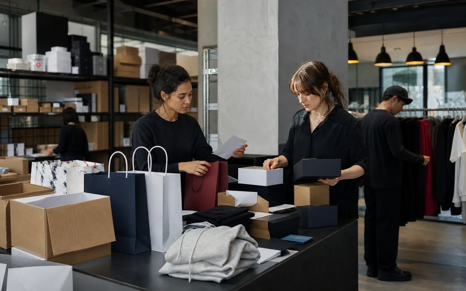 Retail rollout workspace with mismatched old and new packaging being sorted by a team.