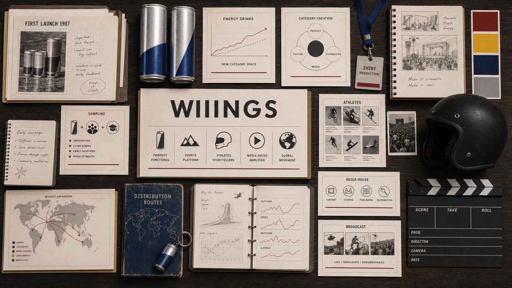 Premium editorial archive still-life of a Red Bull category and media-system case board with generic energy drink cans, first launch notes, sampling map, athlete roster, event production boards, media-house cards, broadcast slate, market expansion map, and category creation charts