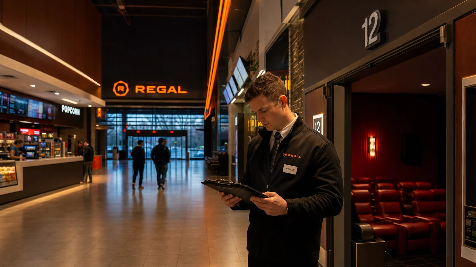 A Regal operations-pressure scene with an employee checking auditorium readiness, orange corridor signage, concession counters, and numbered theater doors.