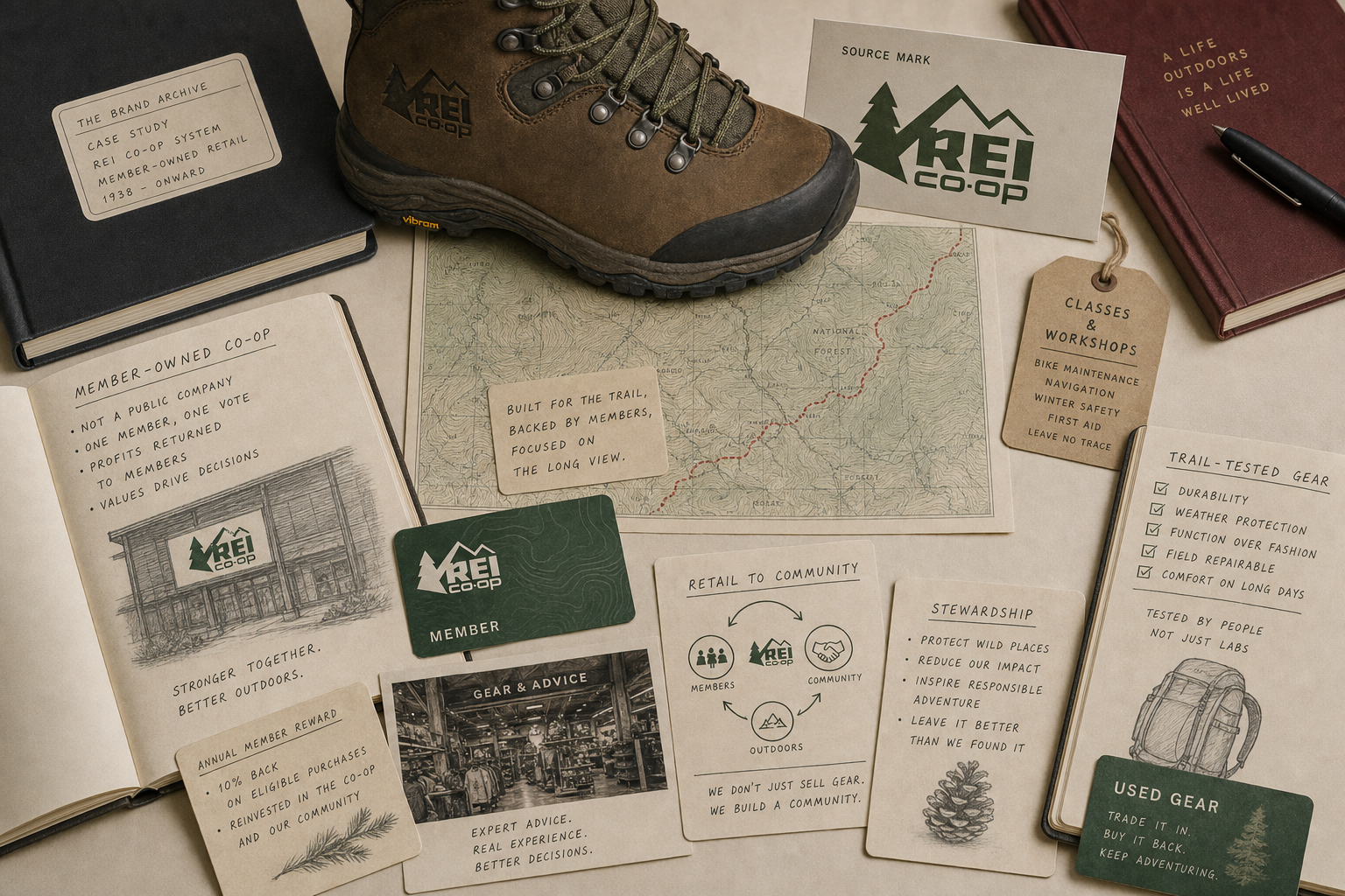 Premium editorial archive still-life of an REI co-op outdoor retail membership case with REI Co-op source-mark card, hiking boot, trail map, member card without personal data, workshop tag, stewardship card, used gear card, and gear advice notes