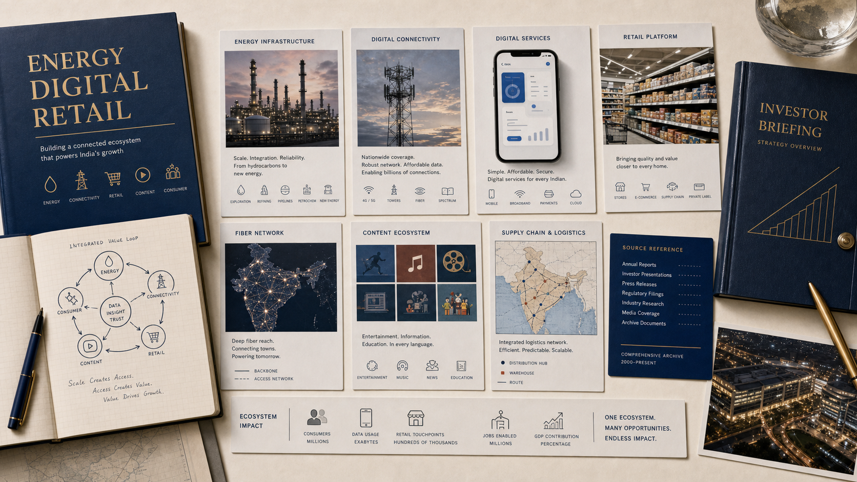 Premium editorial archive still-life of a Reliance energy-to-digital-retail platform case with refinery card, telecom tower card, smartphone data-plan card, retail shelf card, fiber network map, content tile sheet, supply-chain route map, and investor folder
