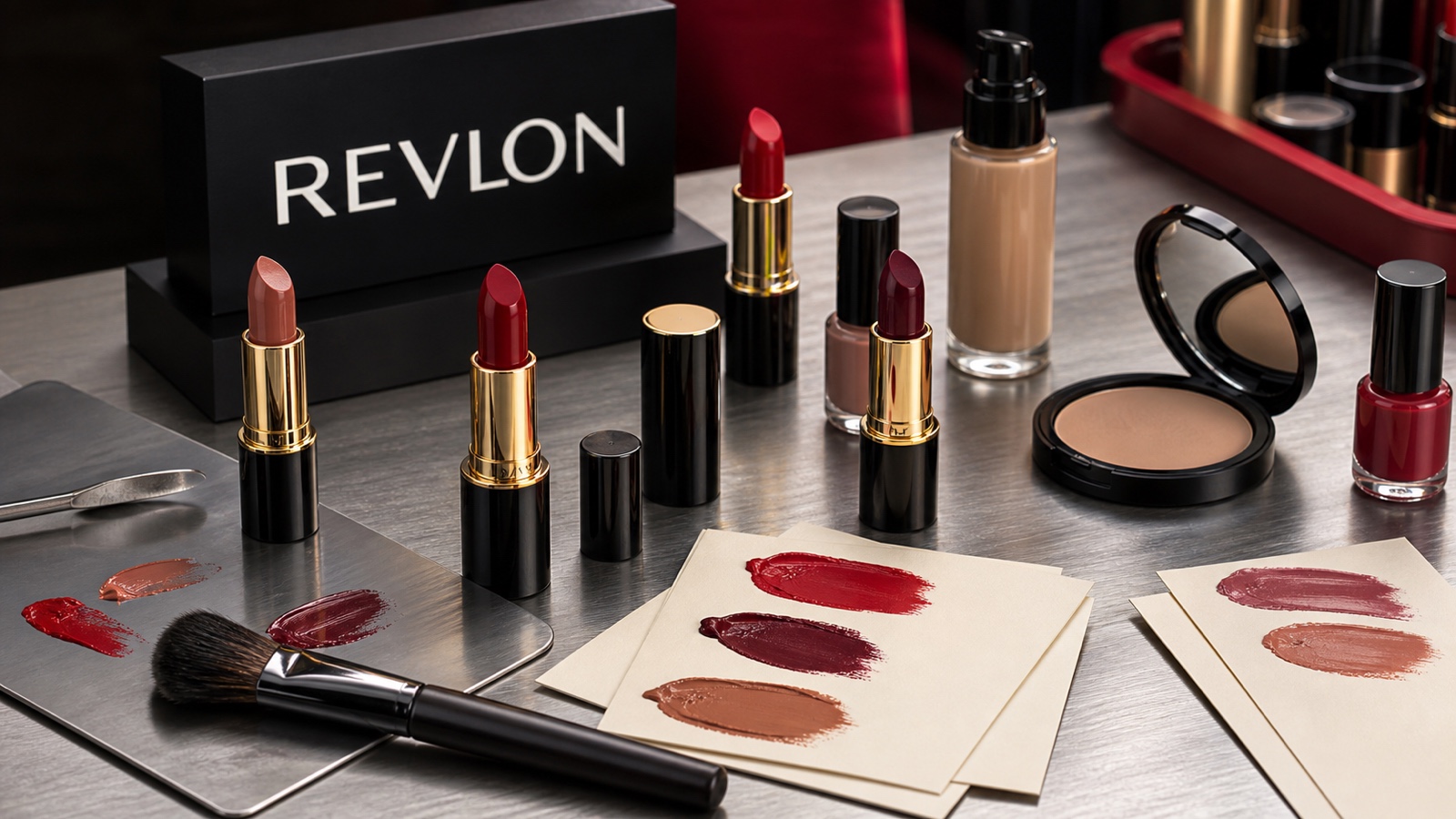 Revlon lip, nail, and face color displayed by finish and shade in a precise red and black beauty environment.