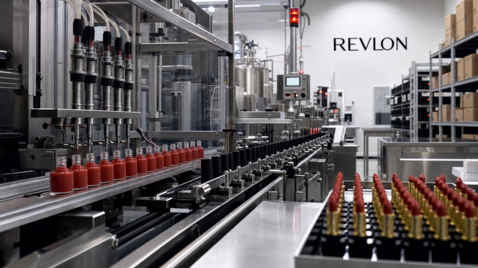 A Revlon cosmetics production and quality-control line with lipstick components and color testing.
