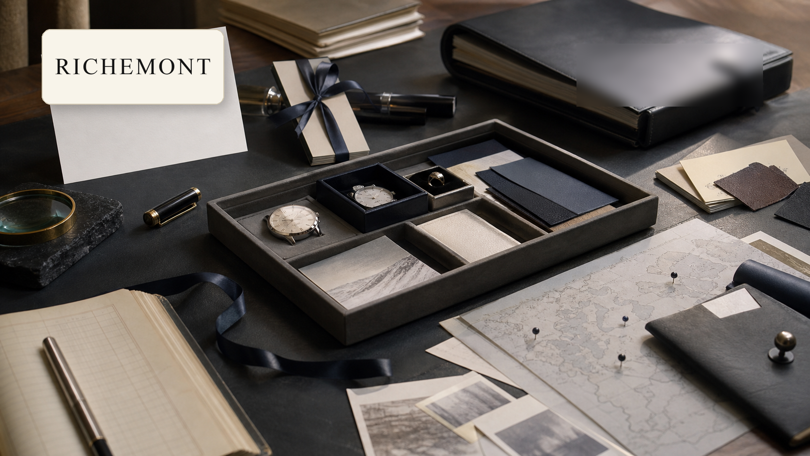Premium editorial archive still-life of a Richemont luxury maison portfolio case with Richemont source-mark card, maison portfolio tray, unlabeled watch dial, jewelry box silhouette, fountain pen cap, leather swatches, fragrance blotter cards, retail map pins, inventory ledger, governance binder, acquisition cards, and satin ribbon