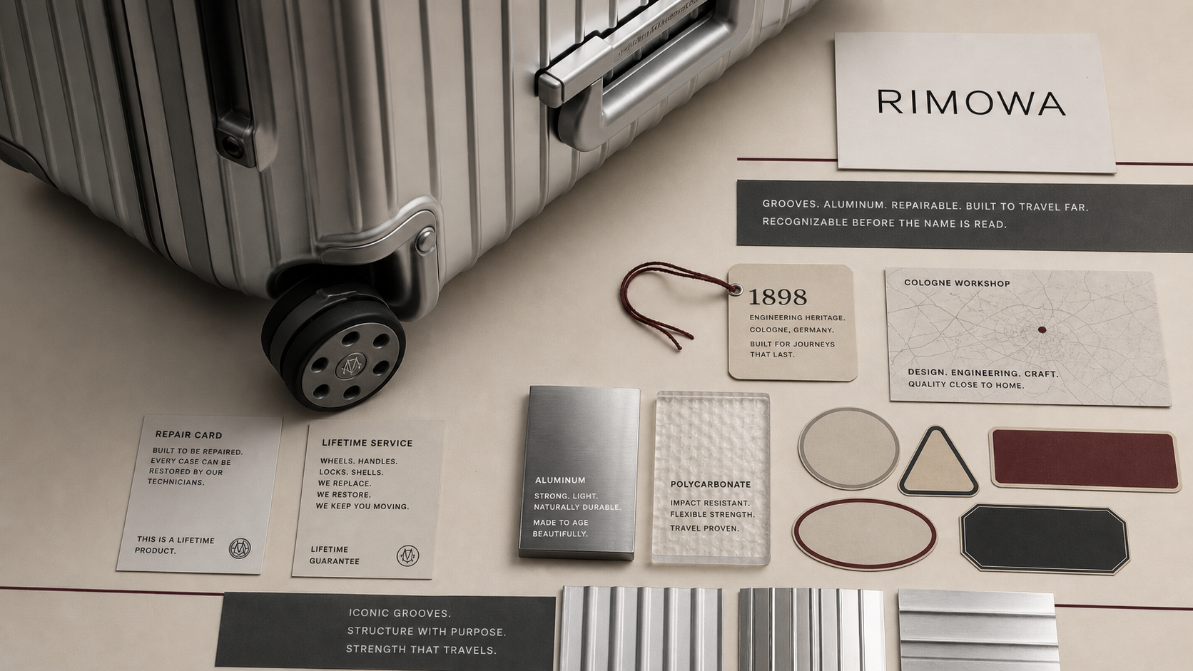 Premium editorial archive still-life of a RIMOWA grooved aluminum luggage case with source-mark card, suitcase corner, wheel, handle, repair card, service note, Cologne map, heritage tag, and material swatches