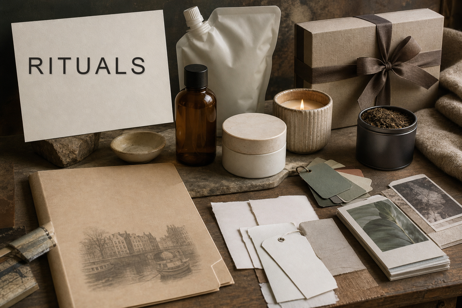 Premium editorial archive still-life of a Rituals home and body-care case with Rituals source-mark card, amber fragrance bottle, body cream jar, candle vessel, tea tin, refill pouch silhouette, gift box, scent swatches, service cards, and Amsterdam origin folder