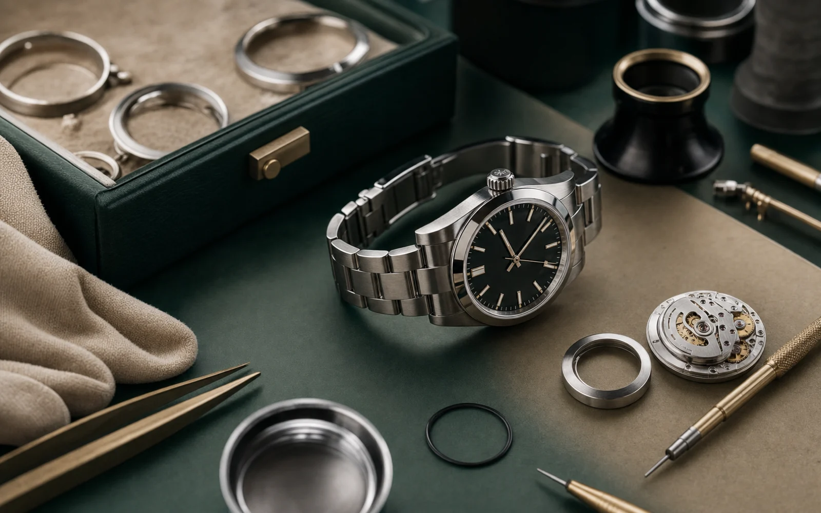 High-end generated watchmaker bench with luxury watch proof objects in green, gold, steel, and black, without visible text or logos.