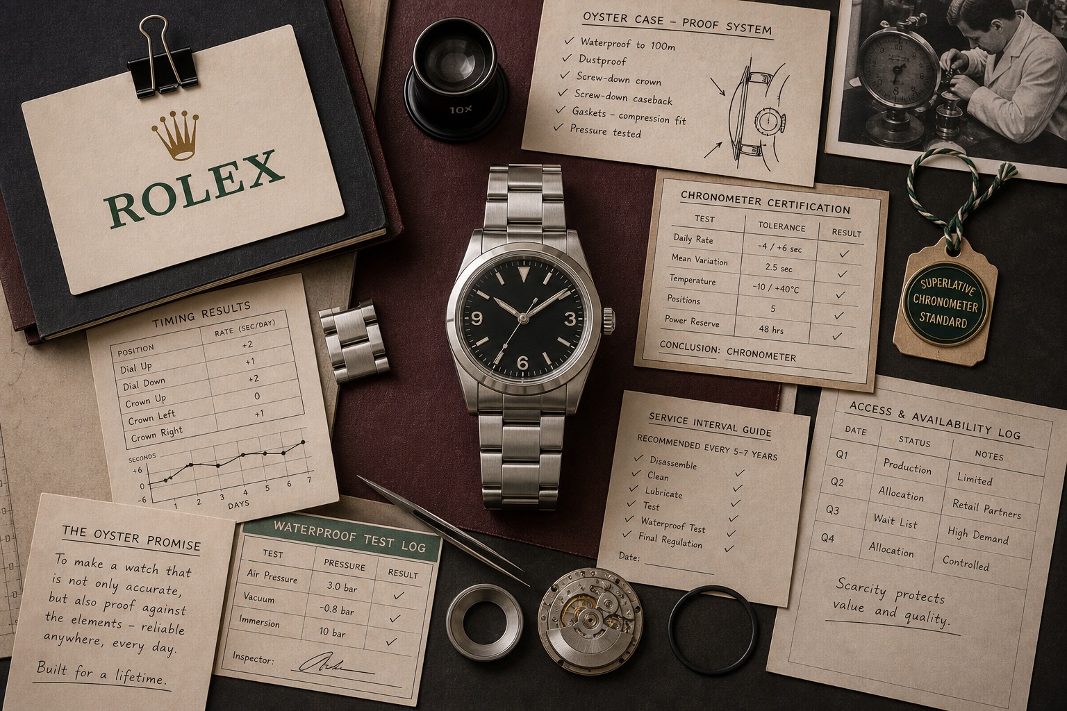 Premium editorial archive still-life of a Rolex Oyster precision proof case with a Rolex source-mark card, central generic luxury mechanical watch, waterproof proof sheet, chronometer certification card, timing results ledger, service interval guide, movement part, gasket, loupe, and access availability log