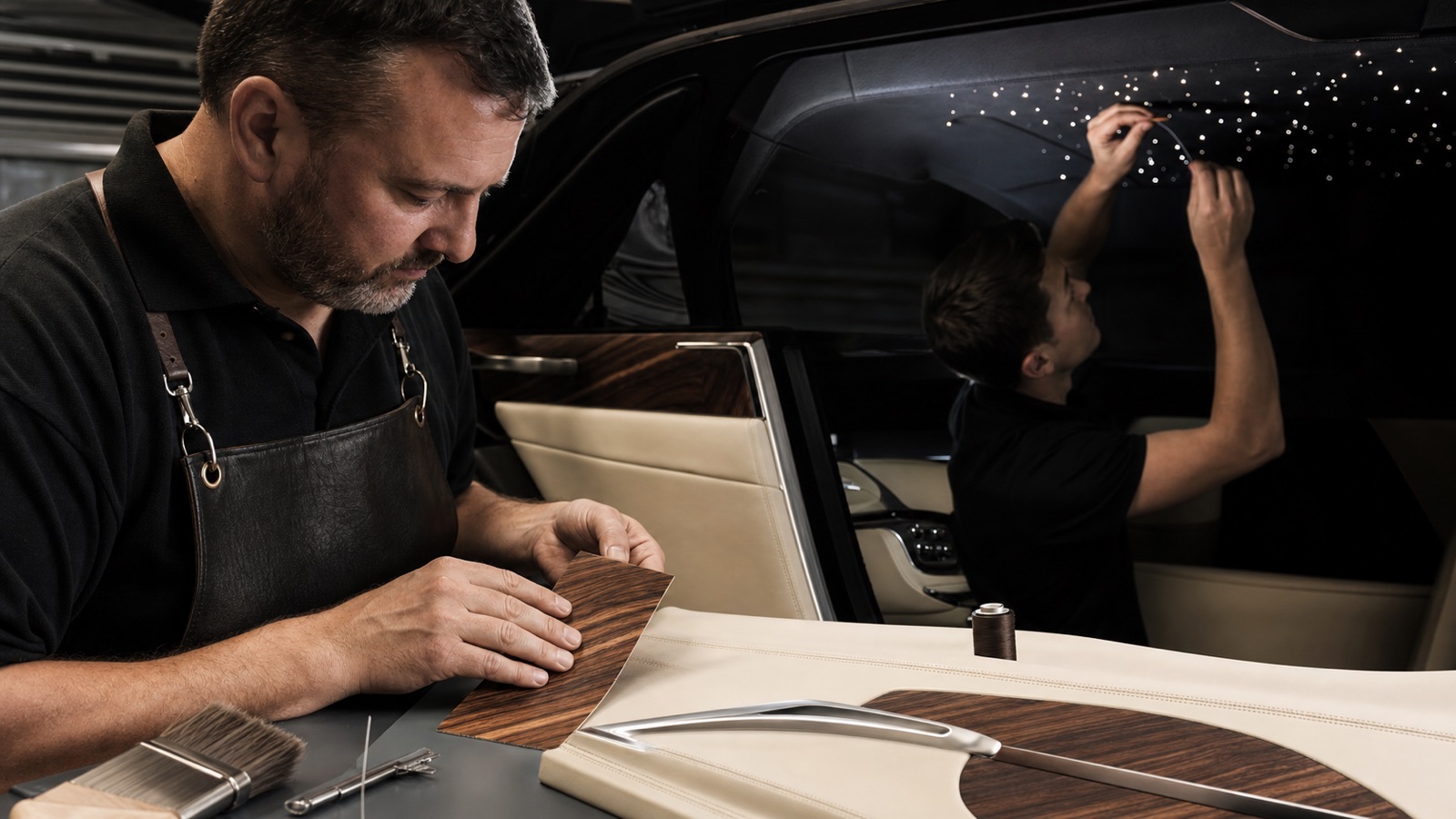 Luxury material, marquetry, embroidery, and coachline samples in a restrained commissioning room.