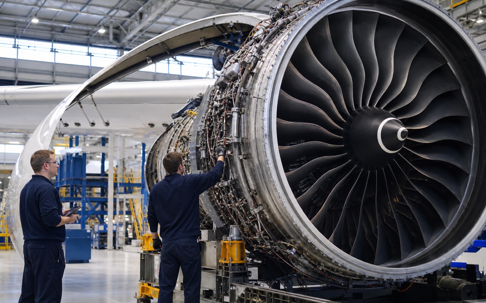 A full-scale widebody turbofan engine undergoing final assembly inside a British aerospace facility.