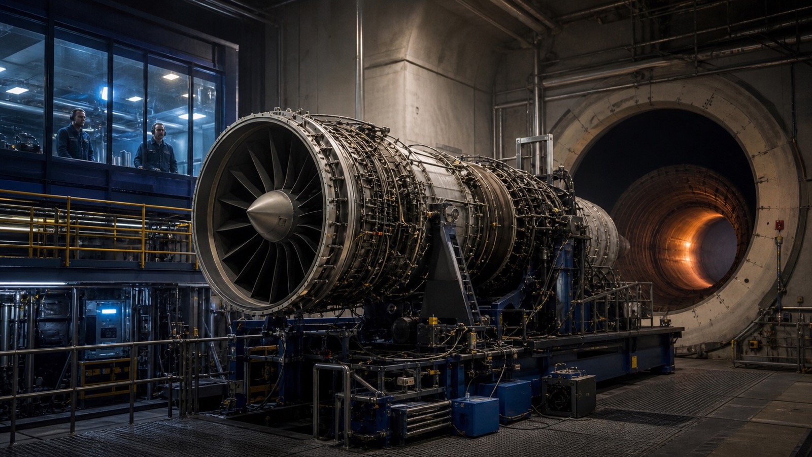 A military turbofan sits on an instrumented test stand inside a secure propulsion facility.